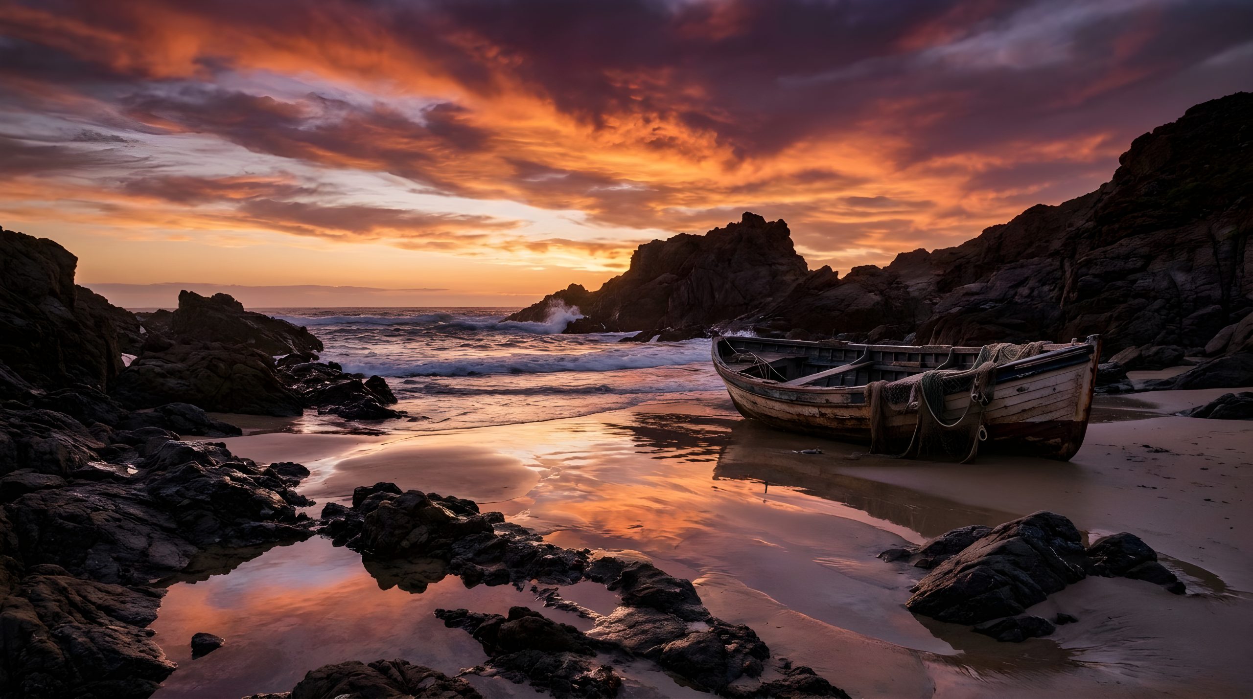 Stunning Wooden Boat Rocky Beach Sunset Wallpaper 2026
