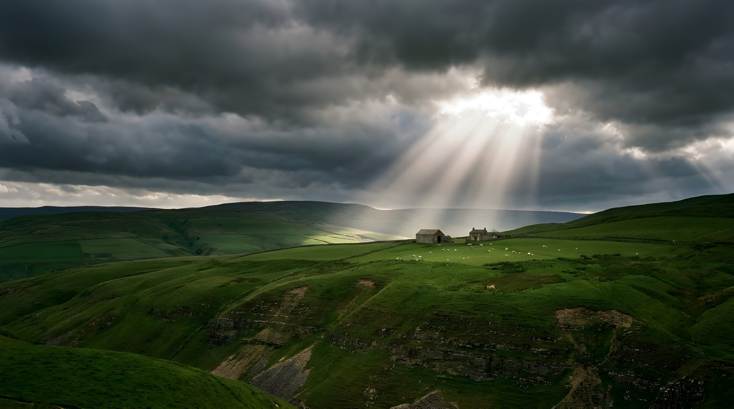 Stunning Sun Rays Green Hills Landscape Wallpaper 2026