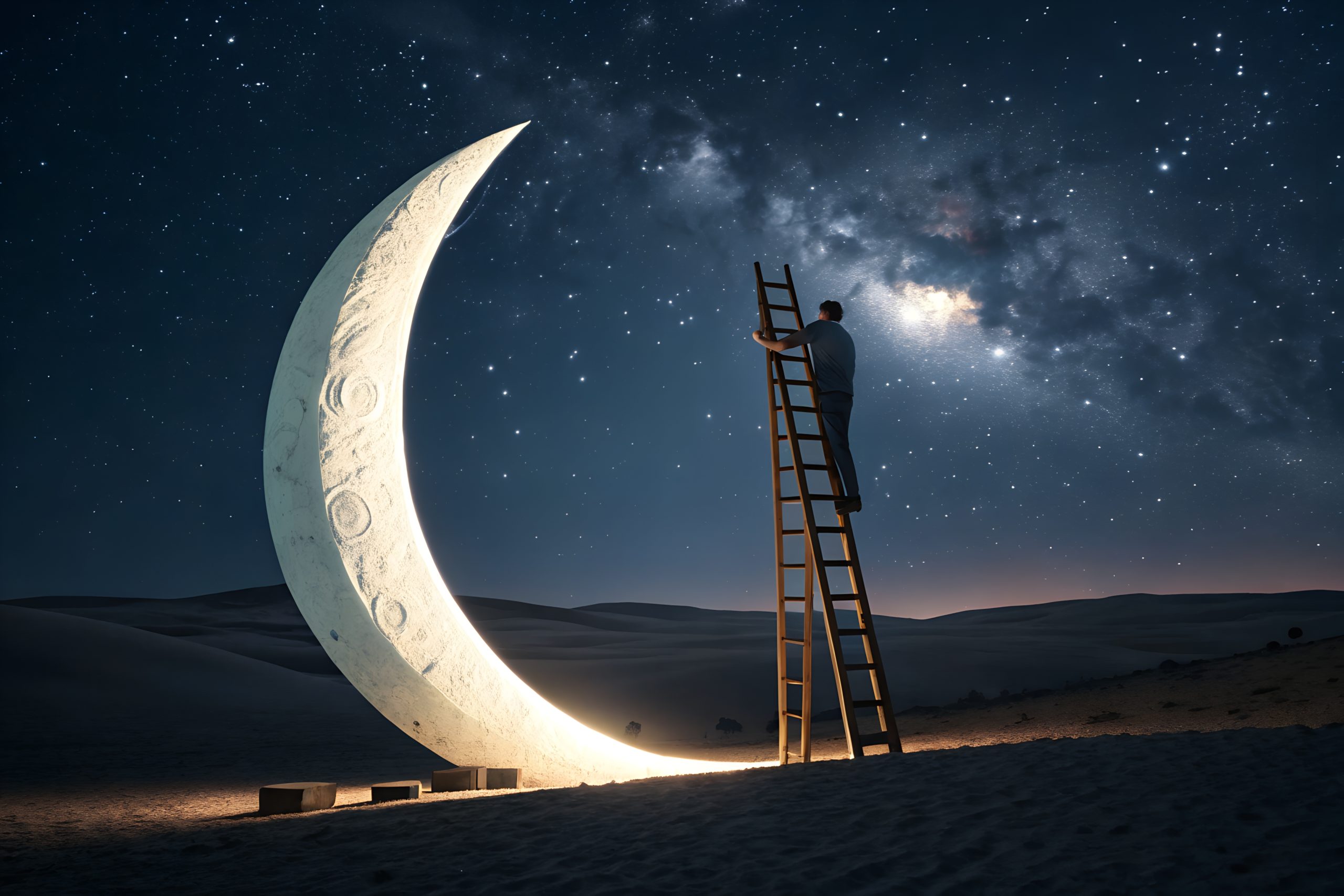 High quality Dreamy Giant Moon Ladder Night Scene Illustration